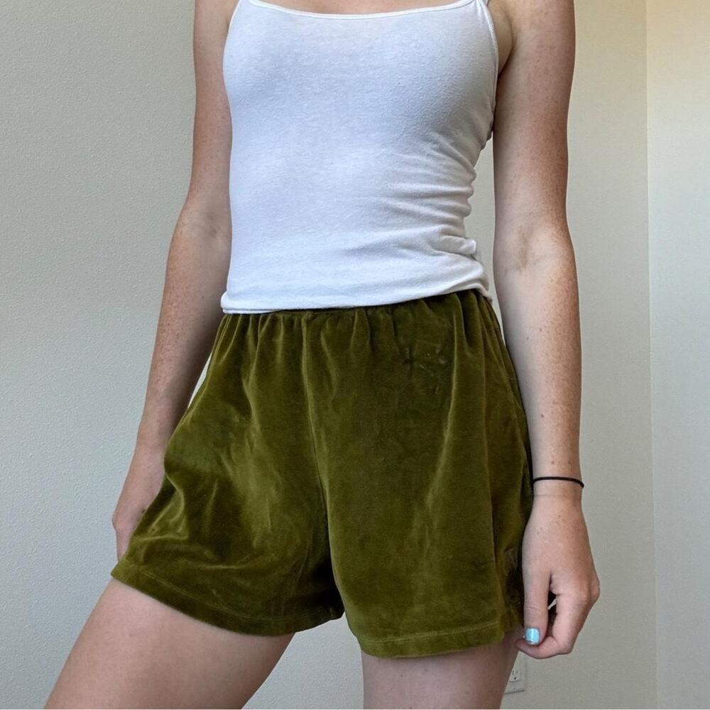 Main story olive green velvet shorts